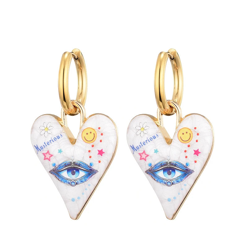 Nuovi orecchini a cerchio in acciaio inossidabile con occhio di cuore carino alla moda per le donne Gioielli femminili di amore con pendente color oro smaltato vintage colorato