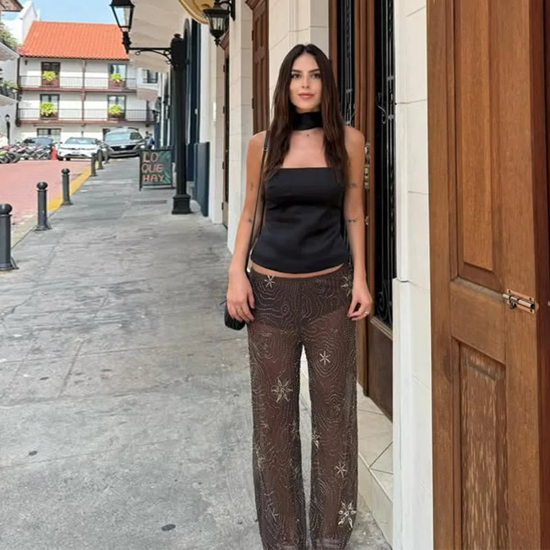 Pantaloni da donna trasparenti con perline alla moda Pantaloni elastici in vita a gamba larga Party Club Pantaloni marroni 2025 Primavera Estate Lady Capispalla larghi