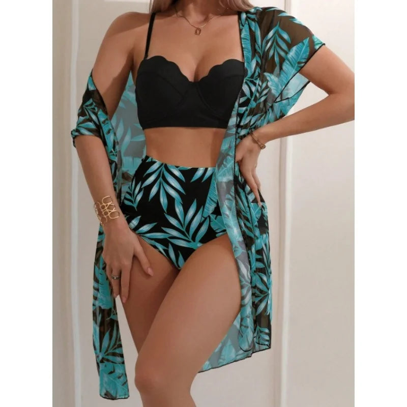 Elegante stampa 3 pezzi bikini set costume da bagno donna vintage bikini a vita alta maglia cover up 2025 nuovo costume da bagno biquini femminile