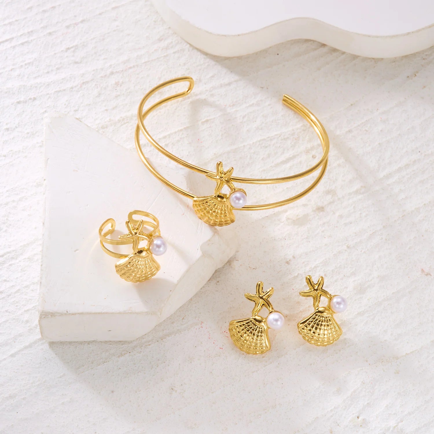 Summer Beach Jewelry Set for Women Gold Color Starfish Shell Pearl Bracelet Adjustable Ring Dangle Earrings Boho Vacation Gift