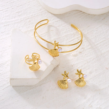 Ensemble de bijoux de plage d'été pour femmes Couleur or Étoile de mer Coquillage Perle Bracelet Bague ajustable Boucles d'oreilles pendantes Cadeau de vacances bohème