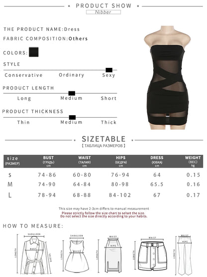 Nibber See think Mesh Patchwork Mini Dress Bandage Wrapped Chest Women Sexy Hip Wraps abiti Female Partywear Colthing