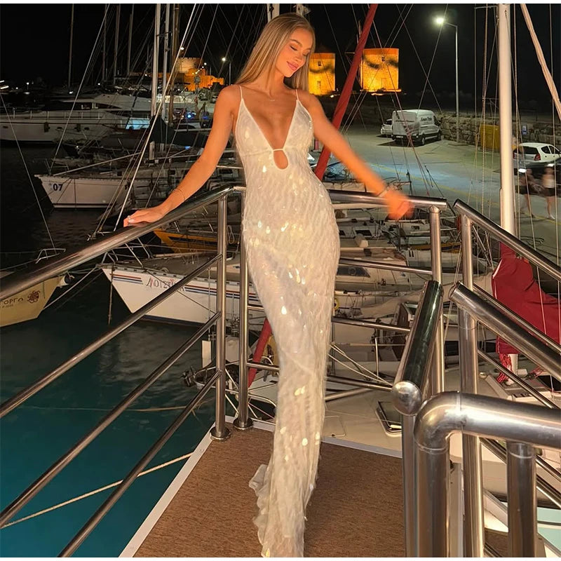 Abito lungo da donna con paillettes Abito lungo con scollo a V Solido Backless Vita alta Abiti senza maniche 2025 Moda Nuova estate Lady Party Robes