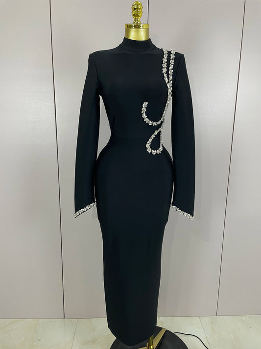 Abito lungo aderente con fasciatura aderente con diamanti a maniche lunghe sexy 2025 Abiti da compleanno di lusso per feste da sera eleganti per celebrità da donna