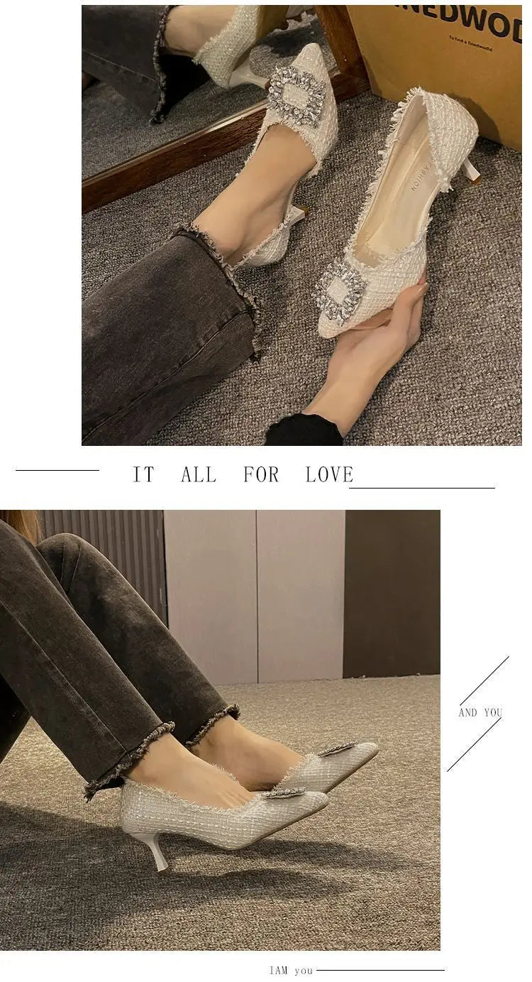 Stiletto Heels 2024 White Wedding Shoes Fashion Pointy Square Button Rhinestone Sandals Temperament Women's Women's Shoes