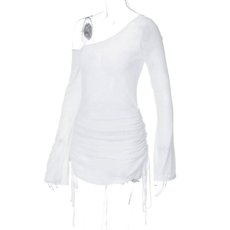 Mini abito da donna con colletto obliquo solido, spalline increspate, con lacci, trasparente, con cordino, estate 2025, Party Clubwear