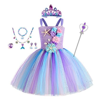 Abito tutù a sirena per ragazze sotto il mare Costumi di carnevale per feste di compleanno a tema con fascia per fiori Abiti per Halloween oceano 1-12 anni