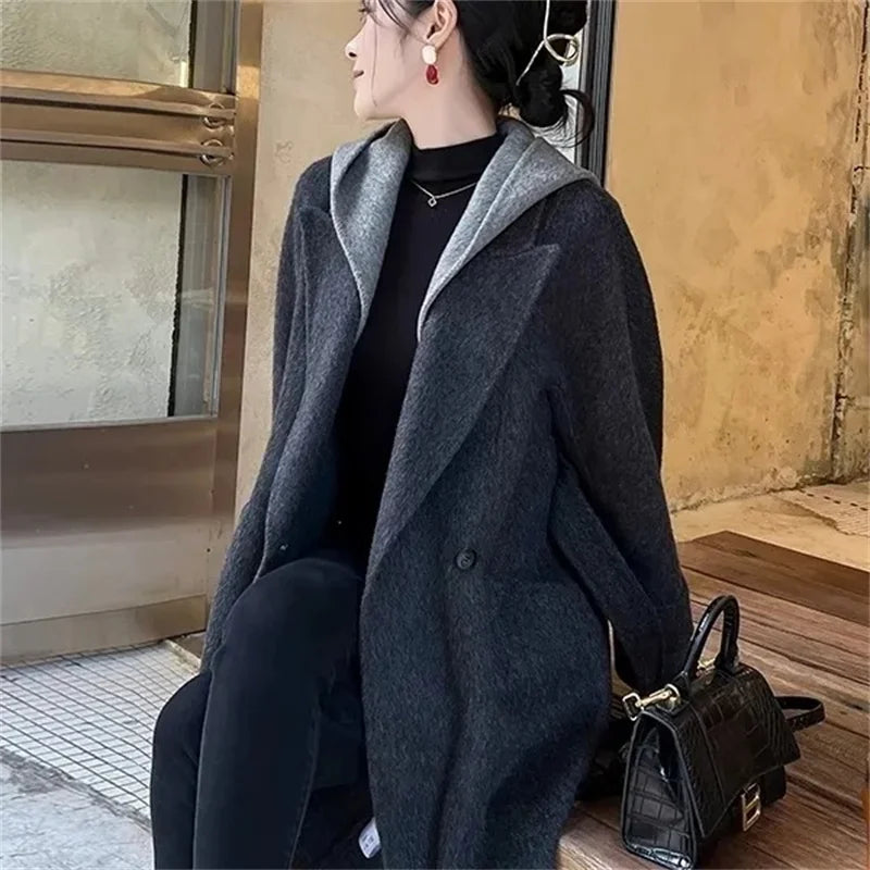 Giacca Invernale da Donna a Maniche Lunghe in Lana, Cappotto Casual di Alta Qualità per l'Autunno, Moda Coreana Femminile, Cappotto in Lana con Cappuccio e Vestibilità Comoda
