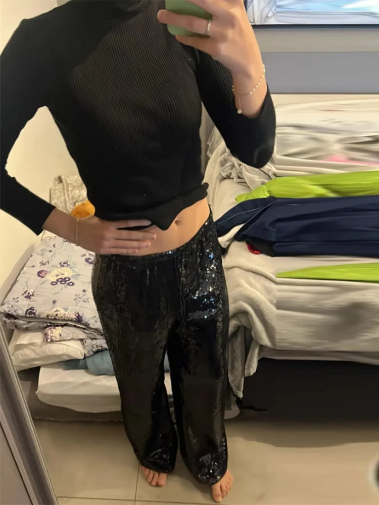 Pantaloni da donna con paillettes, vita bassa elastica, gamba larga, con lacci, estivi 2026, lucidi, vestibilità ampia, per club e feste