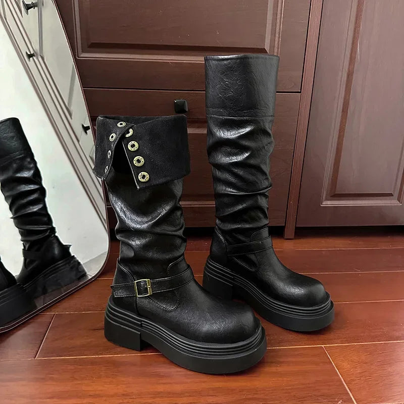 Women's Platform Motorcycle Boots Buckle Strap Thick-soled Boots Feamle New Fashion Black PU Leather Western Knight Botas Mujer