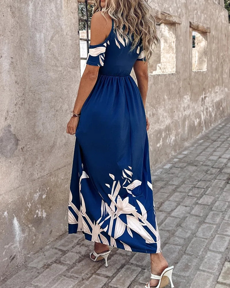 Abito estivo da donna con stampa Moda sexy scollo a V manica corta con spalle scoperte Abiti maxi eleganti casual Clubwear femminile Abito casual
