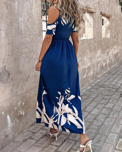Abito estivo da donna con stampa Moda sexy scollo a V manica corta con spalle scoperte Abiti maxi eleganti casual Clubwear femminile Abito casual