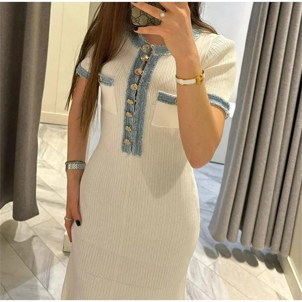 Abito lungo elegante in maglia da donna a contrasto Chic O-collo manica corta Bottoni in metallo Abiti aderenti Abito da pendolarismo da donna da ufficio