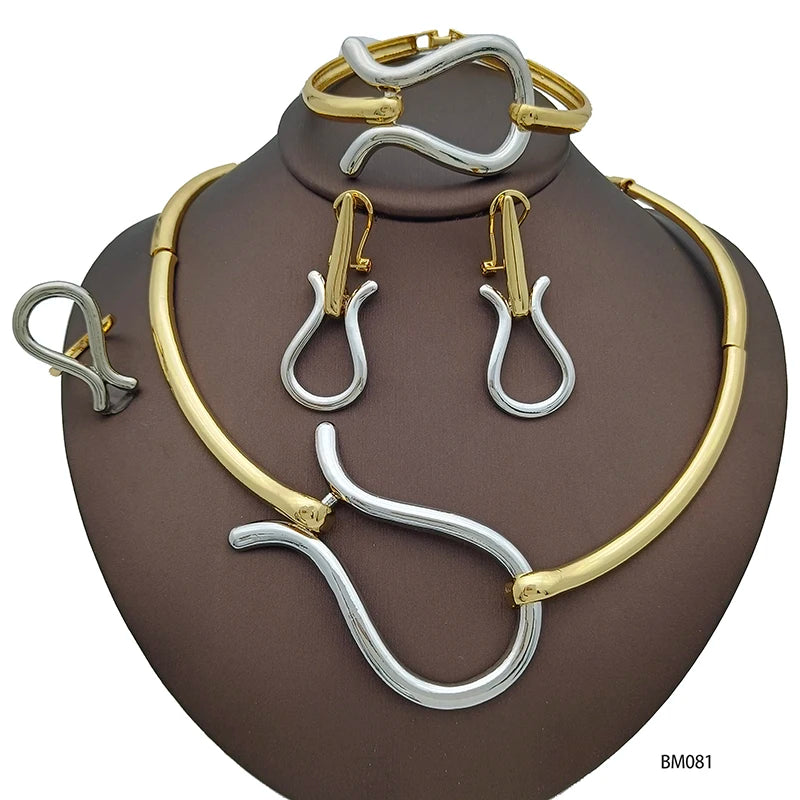 Parures de bijoux de mode de Dubaï pour femmes Collier, boucles d'oreilles, bracelet et bague au design minimaliste classique, pour un usage quotidien, cadeau idéal