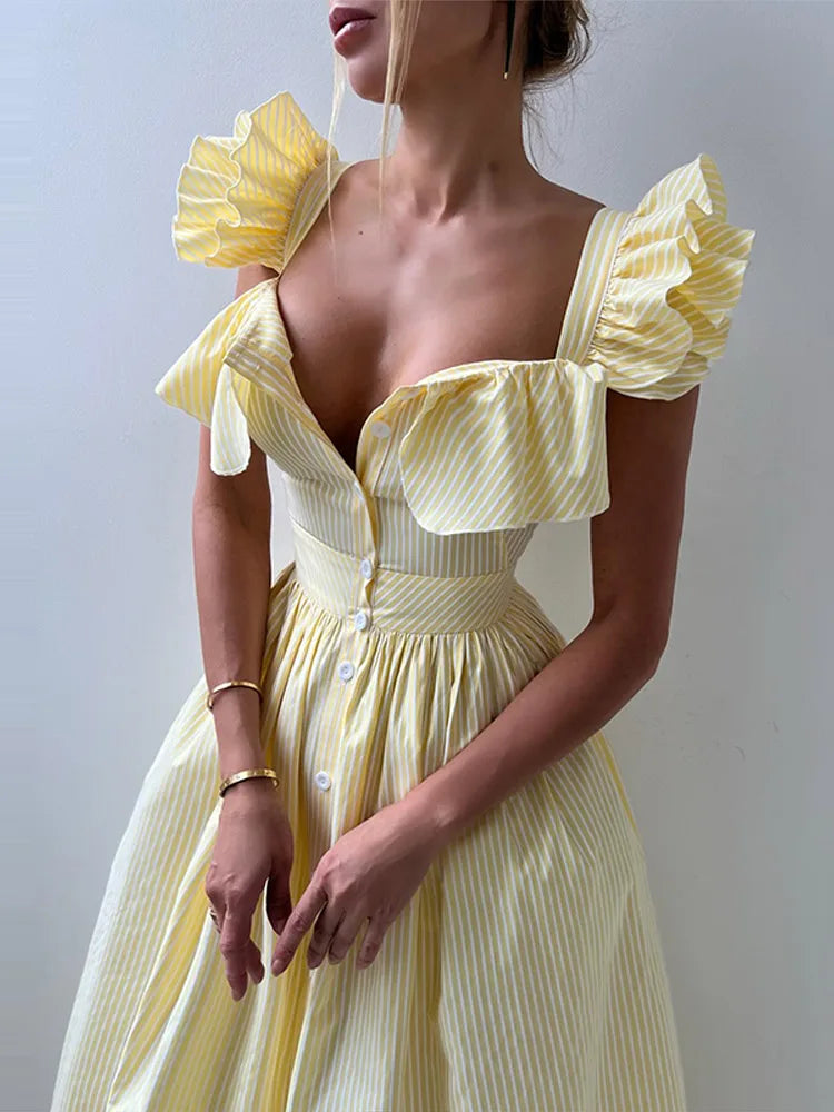 BKQU Abito lungo elegante con maniche volanti a righe con volant Abito lungo da donna chic con colletto quadrato sottile monopetto Abito lungo da festa estivo femminile