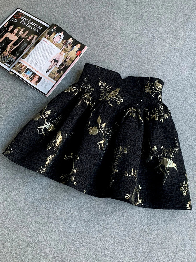 Gonna jacquard oro nero Gonna a trapezio slim fit a vita alta Primavera Estate Nuova gonna corta Gonna da ufficio squisita alla moda