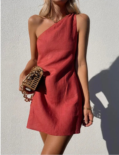 Summer Sexy Women Fashion Solid Mini Dress One-shoulder Asymmetric Diagonal Collar Cotton And Linen Casual Loose Elegant Dress