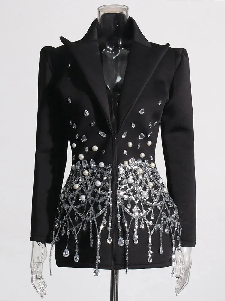 TWOTWINSTYLE Patchwork Diamonds Mini abito per donna bavero manica lunga vita alta impiombato paillettes abiti temperamento femminile nuovo