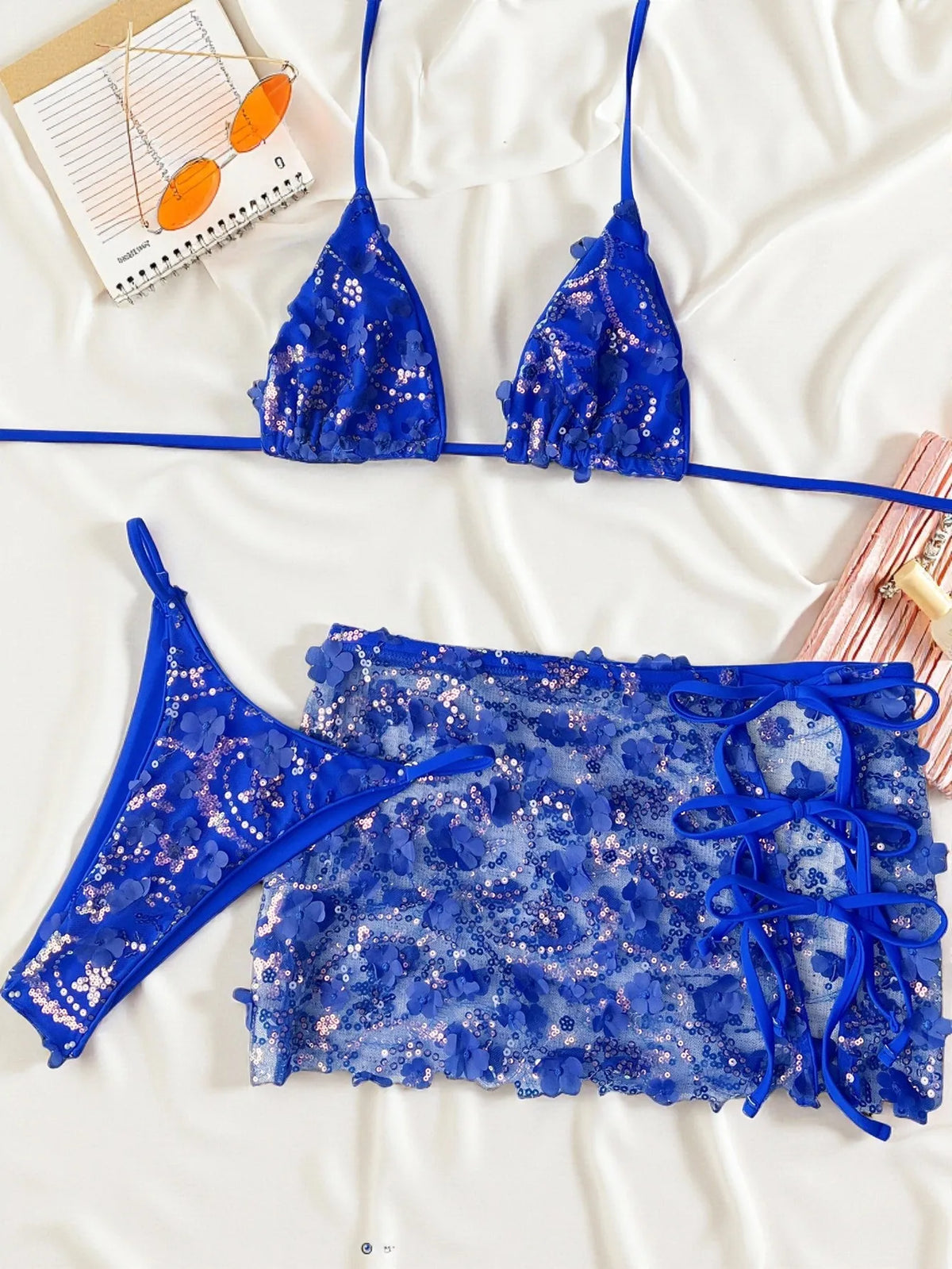 Costume da bagno a 3 pezzi con gonna in rete rosa con paillettes, reggiseno push-up e perizoma, stile brasiliano, per donna, ideale per le vacanze.