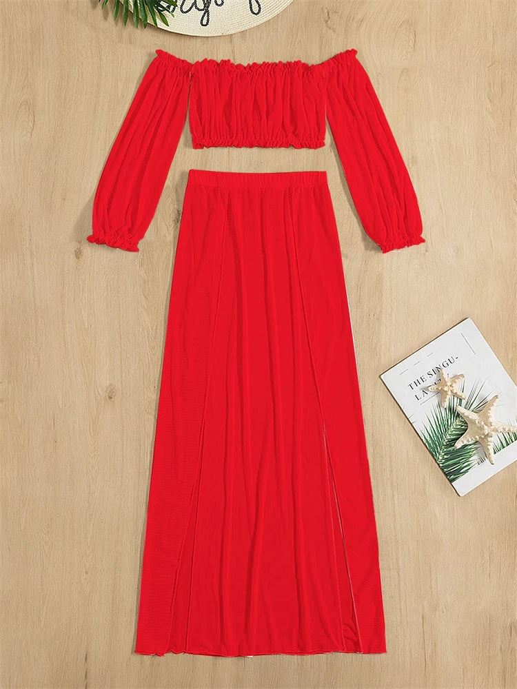 Costumi da bagno donna 2026 Nuovo solido maniche lunghe volant costume da bagno a fascia gonna lunga grembiule in rete 2 pezzi costume da bagno da spiaggia femminile