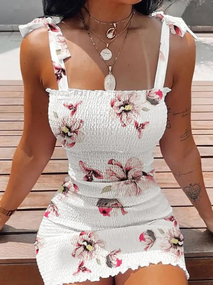 Sommer Sexy Bodycon Paket Hüften Wickelkleid Damen Casual Ärmelloses Schnürung Mode Blumen Mini Kleid Frau Skinny Sundress