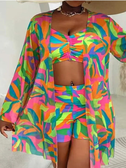 L-4XL Plus Size Set da 3 pezzi Bikini Cover Up Costume da bagno push up da donna Estate Mujer Costumi da bagno con controllo della pancia Set bikini oversize