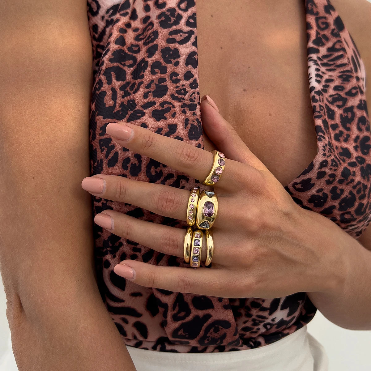 Salircon 6 Pz/set Intarsiato Zircone Viola Anello di Apertura Regolabile Set Donne Anello di Colore Oro Liscio per il Regalo Dei Gioielli Quotidiani Femminili