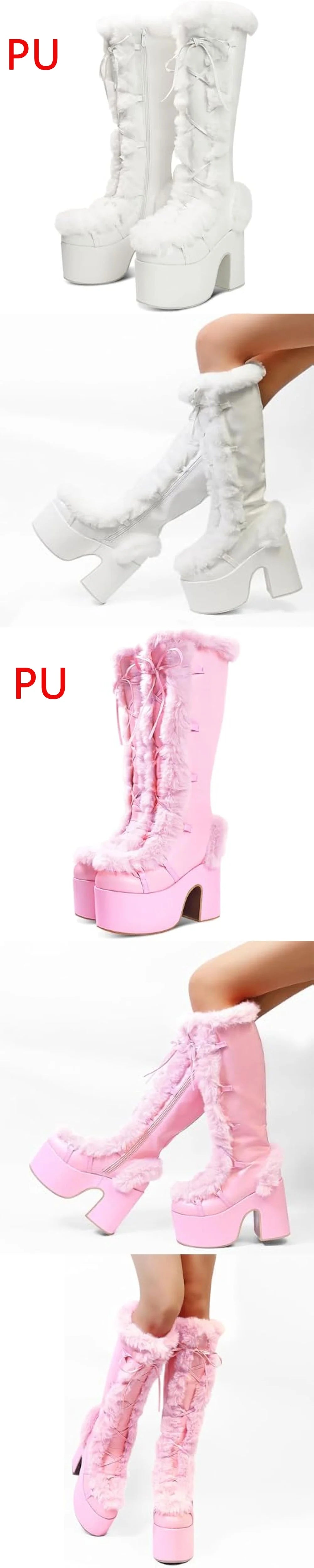 Big Size 46 Winter y2k Pink Knee High Boots Women White Chunky Platform Boots Gothic Black Faux Fur Block High Heels Boots Shoe