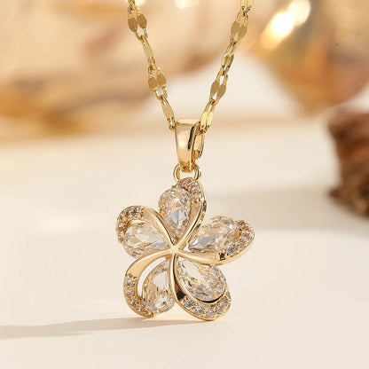 DIEYURO Collana con ciondolo fiori in zircone verde in acciaio inossidabile 316L per le donne Nuovi regali di gioielli di compleanno con catena fortunata per ragazze di lusso