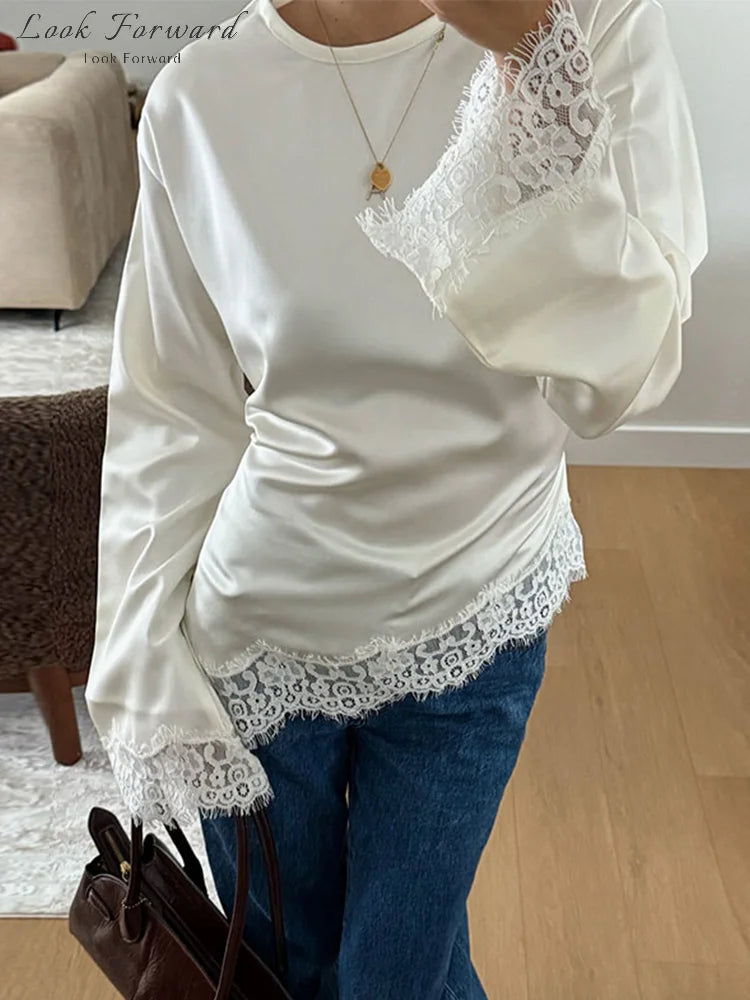 Top Casual con Inserti in Pizzo e Lacci, Pullover da Donna Slim con Cintura in Vita e Collo Tondo, Nuova Collezione Primavera 2026
