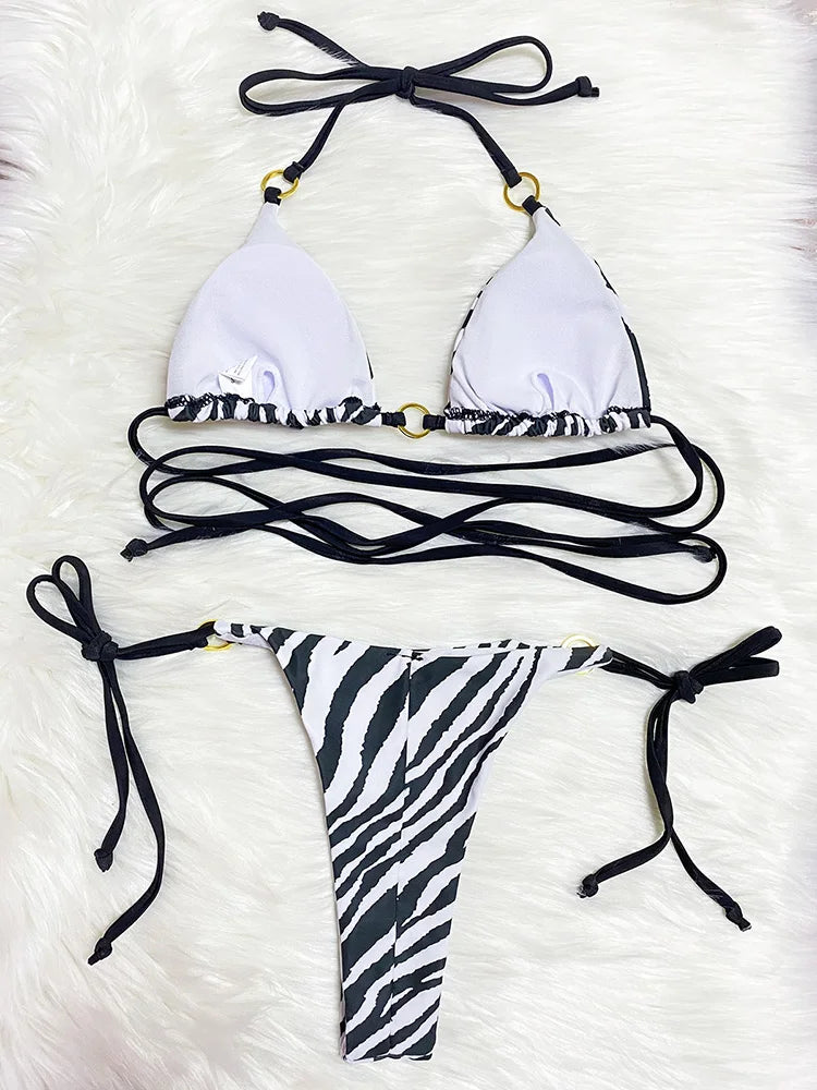 Zebra Leopard Wrap Around Halter Micro Mini Bikini donna costumi da bagno costume da bagno femminile due pezzi Bikini set bagnante costume da bagno Swim