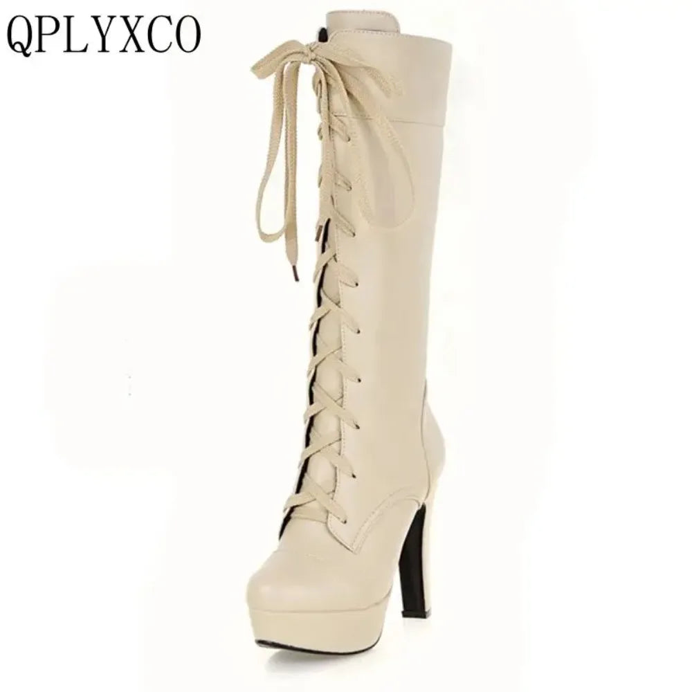 QPLYXCO Knee High Boots Women New Fashion Small Big Size 31-45 Autumn Winter Warm Lace Up High Heels Long Platform Boots M-20