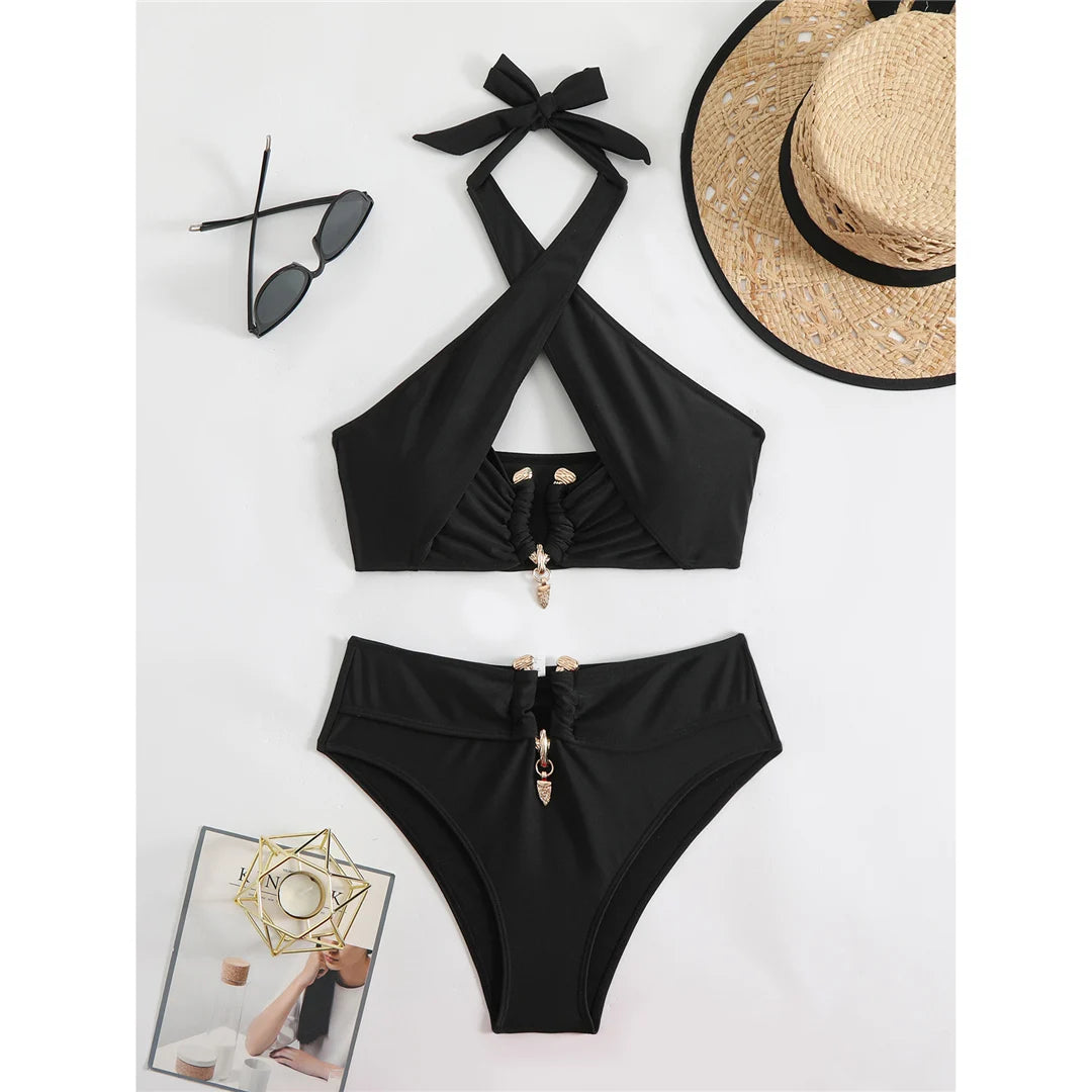 Bikini a vita alta con cut-out e allacciatura al collo da donna 2026 - Set due pezzi imbottito V6256