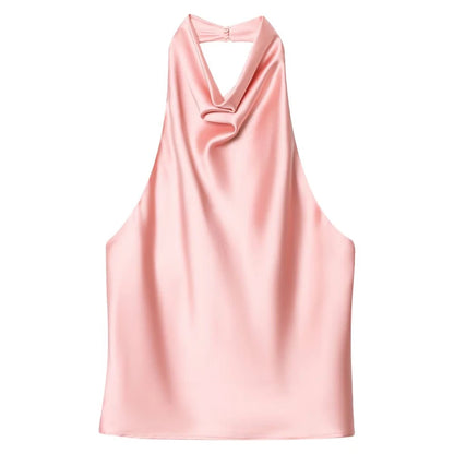 Hauts Femme Sexy Top Satin Licou Femme Mode Solide Élégant Gilet Dos Nu 2026 Nouvel Été Épaules Dénudées Caraco Femme