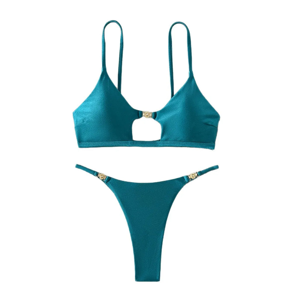 Neuer sexy glänzender High-Cut Bikini-Set Glänzende Bademode für Damen Push-Up Triangel-Oberteil brasilianisches freches Höschen Strand Pool Urlaub