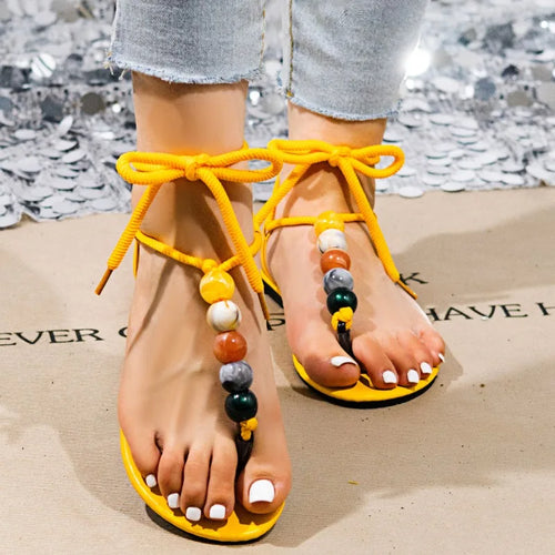 Sandali Donna 2026 Nuova Collezione Estiva con Decorazioni Perline e Lacci, Sandali Bassi Bohemien con Punta Aperta, Scarpe Casual Comode da Spiaggia