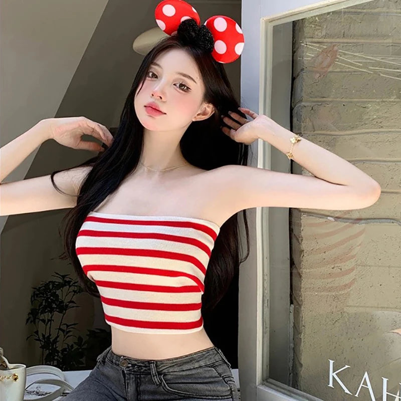 Summer Sexy Spice Retro Striped Tank Top Women Outer Wear Short Sleeveless Tops New Bustier
