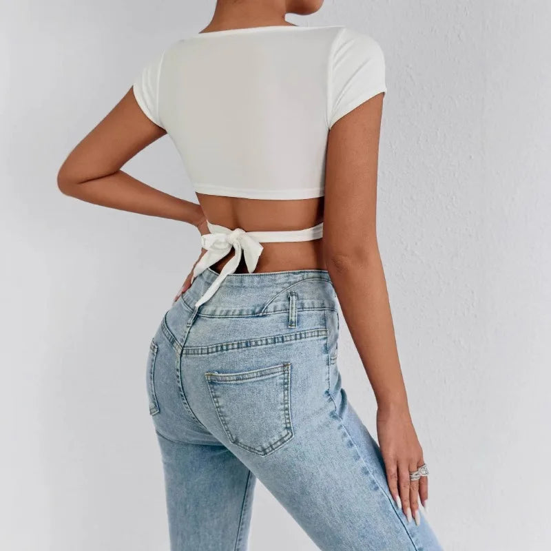 T-shirt d'été sexy à col en V pour femme, top court push-up taille haute en mélange extensible, tenue quotidienne de club, plage, élégant, pour courbes