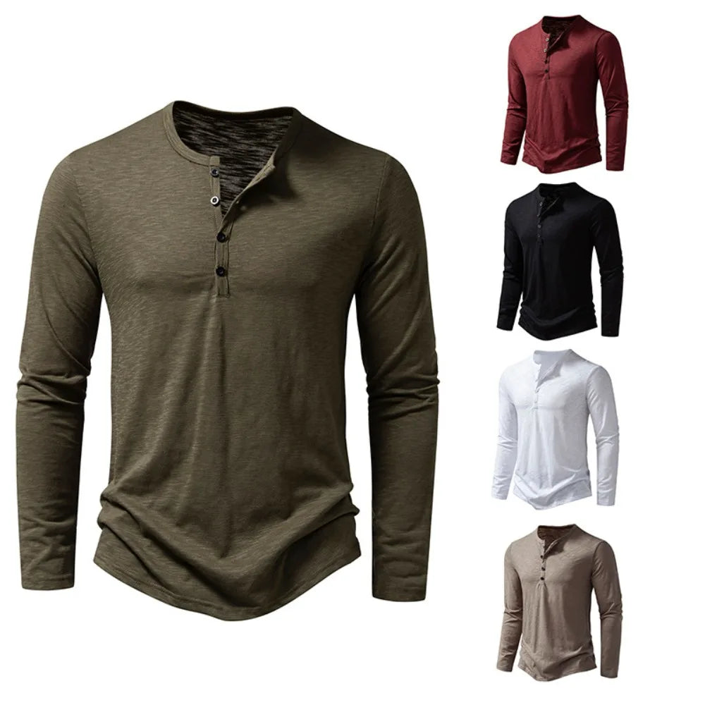 Camicia da uomo in cotone con bottoni e collo a Henley, manica lunga, bottoni casual, tinta unita, magliette alla moda