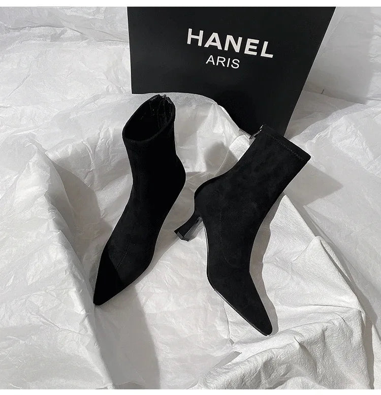 Pointed Toe Women Sock Short Boots Fashion Side Zipper  Ankle Booties Thick High Heel Autumn Winter Ladies Shoes Botas Femininas