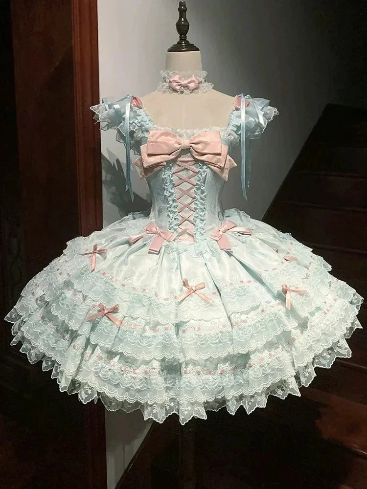 Sweet Lolita Y2k Mini abiti da donna patchwork in pizzo manica corta fasciatura elegante abito da festa corto vintage francese estivo femminile