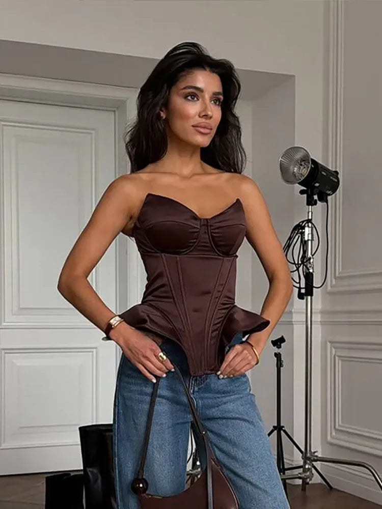 Moda Solid Fishbone Top senza spalline Donna Chic senza maniche con spalle scoperte Backless Slim Gilet corto Lady 2025 Vacation Party Top