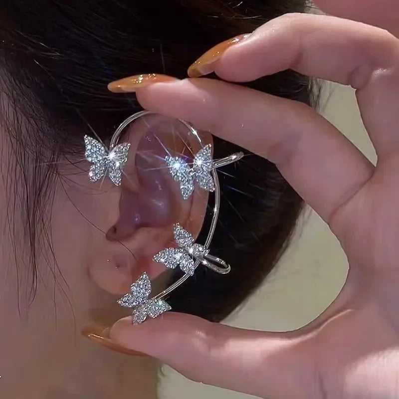 Orecchini a Clip a farfalla con foglia di metallo placcato argento per orecchini da donna senza Piercing gioielli di moda con polsino dell'orecchio in zircone scintillante