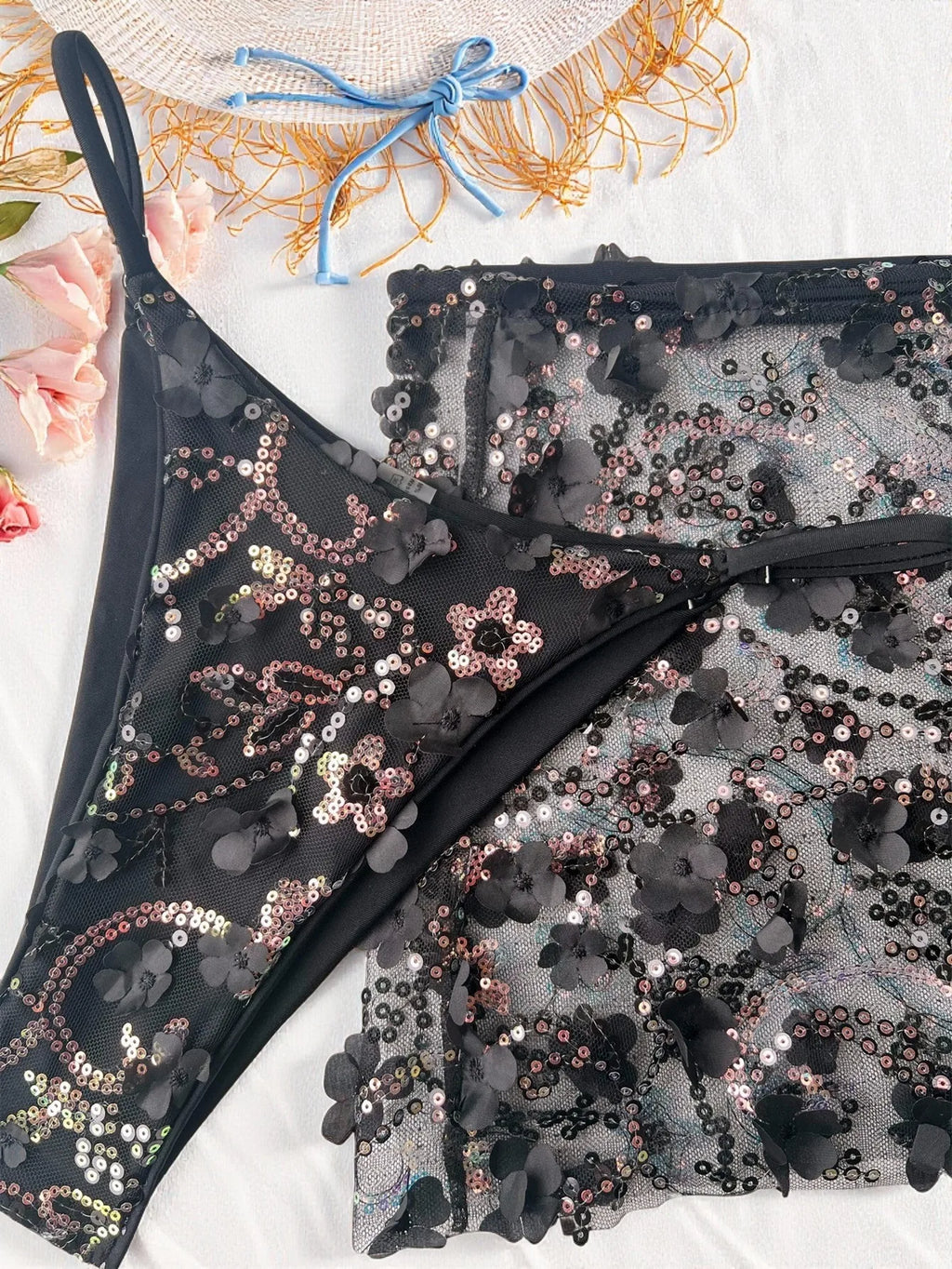 Costume da bagno a 3 pezzi con gonna in rete rosa con paillettes, reggiseno push-up e perizoma, stile brasiliano, per donna, ideale per le vacanze.