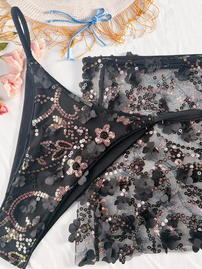 Costume da bagno a 3 pezzi con gonna in rete rosa con paillettes, reggiseno push-up e perizoma, stile brasiliano, per donna, ideale per le vacanze.
