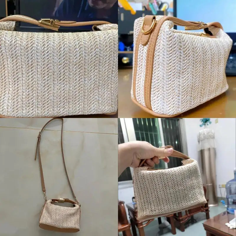 Yogodlns Borsa estiva piccola in paglia Borsa a tracolla alla moda Borsa a tracolla a secchiello intrecciata Borsa da spiaggia casual al mare Borsa con manico per ragazze