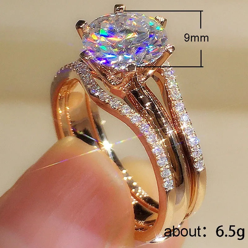 Huitan Anelli unici color oro rosa per le donne Classici 6 artigli progettati Anelli con zirconi cubici Fasce di fidanzamento per matrimoni Gioielli caldi