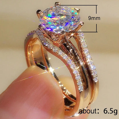 Huitan Anelli unici color oro rosa per le donne Classici 6 artigli progettati Anelli con zirconi cubici Fasce di fidanzamento per matrimoni Gioielli caldi