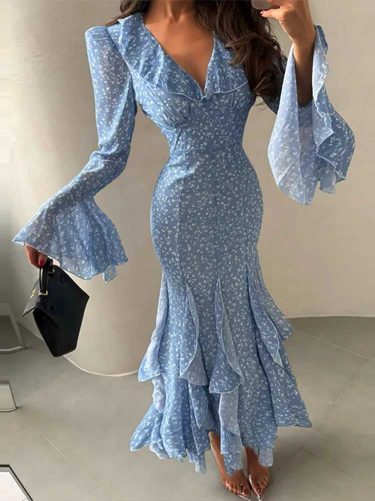 Abito Lungo da Donna con Stampa, Scollo a V, Maniche a Campana, Bordo a Foglia di Loto, Vita Alta, Vestito Maxi Aderente, Elegante Abito da Sera per Feste