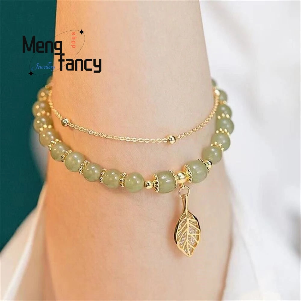 Bracciale con foglie di giada con ramo dorato di diaspro naturale di Hetian, squisito regalo di festa più venduto per gioielli di moda per ragazze sexy